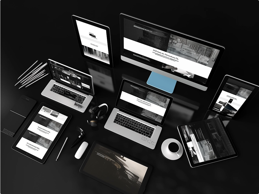 Scrivania di progettazione integrata con laptop, tablet e smartphone sullo stesso tavolo