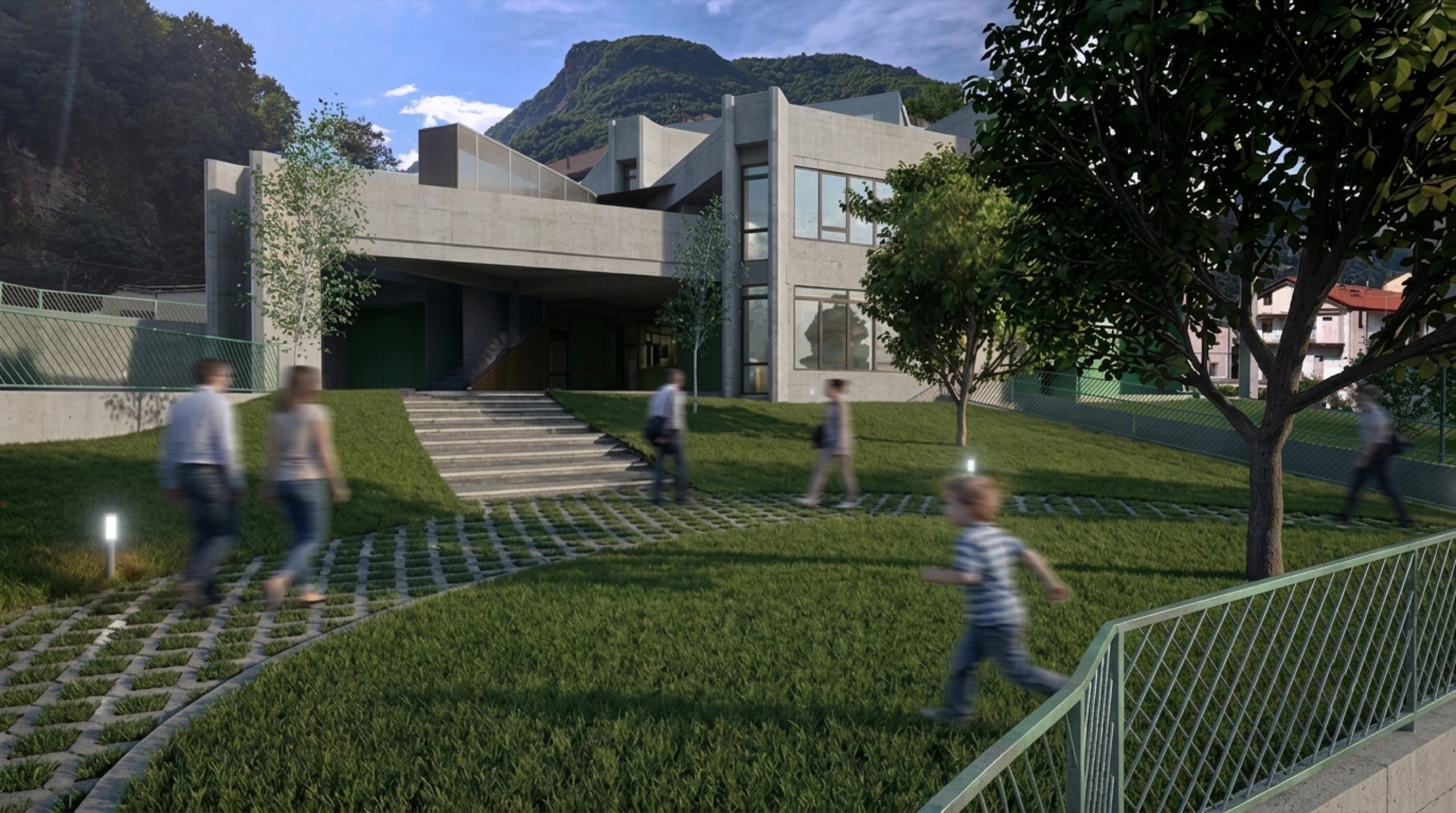 Vista esterna della nuova Biblioteca Civica di Pont Canavese con le montagne sullo sfondo